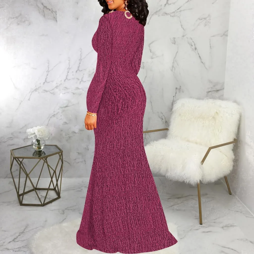 Women's Sexy Long Sleeve Sparkly Maxi Dress V Neck High Slit Wrap Formal Gown Cocktail Glitter Maxi Long Dresses