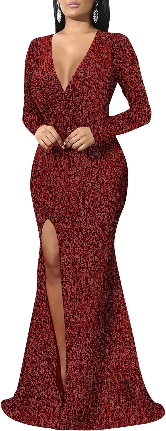 Women's Sexy Long Sleeve Sparkly Maxi Dress V Neck High Slit Wrap Formal Gown Cocktail Glitter Maxi Long Dresses