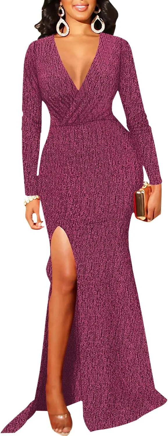 Women's Sexy Long Sleeve Sparkly Maxi Dress V Neck High Slit Wrap Formal Gown Cocktail Glitter Maxi Long Dresses
