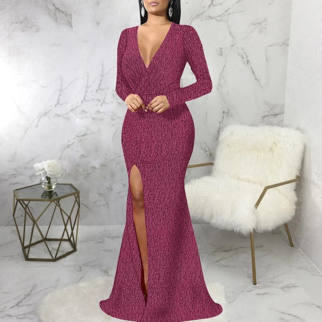 Women's Sexy Long Sleeve Sparkly Maxi Dress V Neck High Slit Wrap Formal Gown Cocktail Glitter Maxi Long Dresses