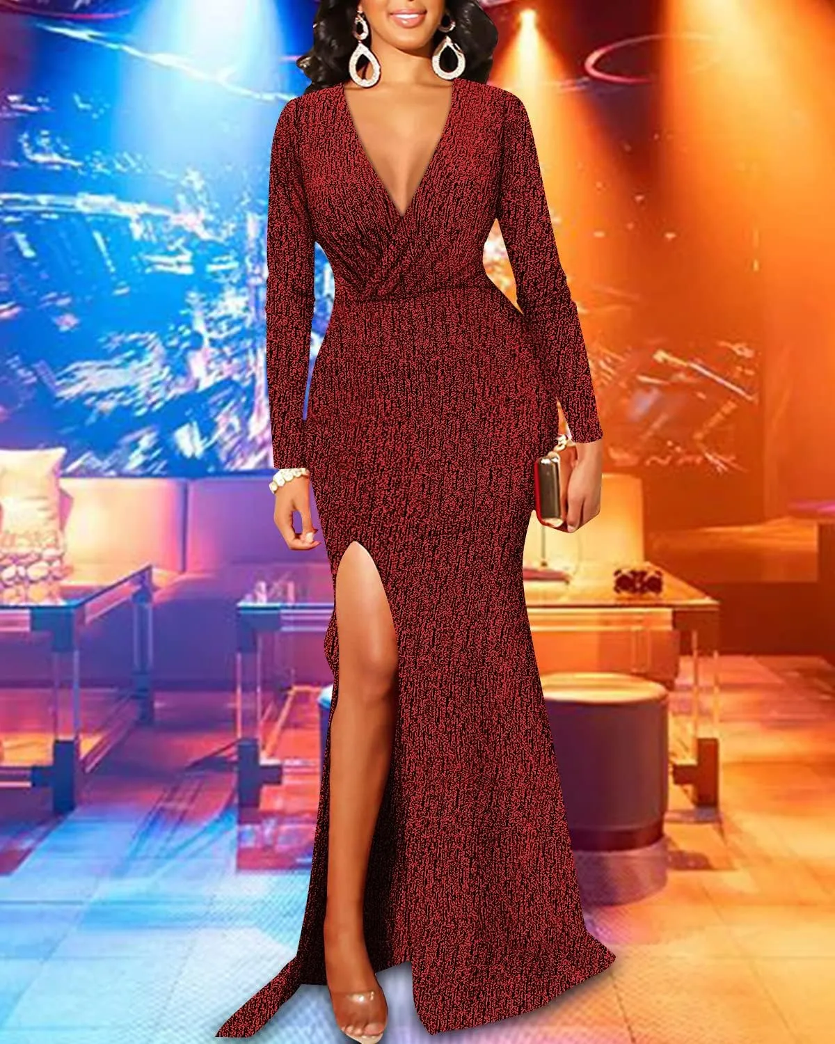 Women's Sexy Long Sleeve Sparkly Maxi Dress V Neck High Slit Wrap Formal Gown Cocktail Glitter Maxi Long Dresses
