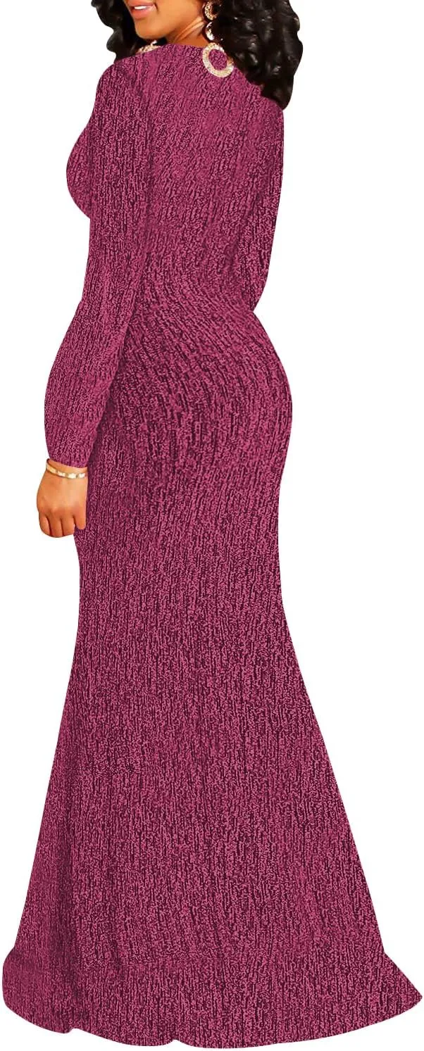 Women's Sexy Long Sleeve Sparkly Maxi Dress V Neck High Slit Wrap Formal Gown Cocktail Glitter Maxi Long Dresses