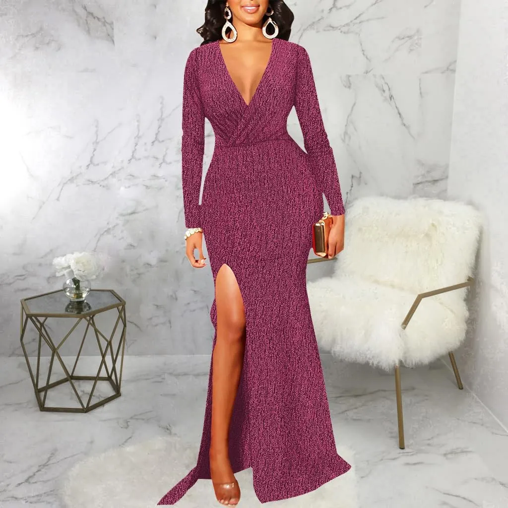 Women's Sexy Long Sleeve Sparkly Maxi Dress V Neck High Slit Wrap Formal Gown Cocktail Glitter Maxi Long Dresses