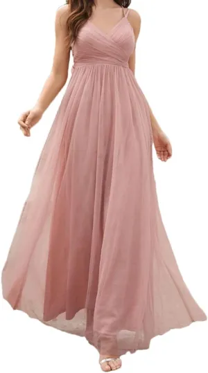 Women's Sleeveless Ruched Bust Mesh Party Dress V Neck Backless Party Evening Dresses
