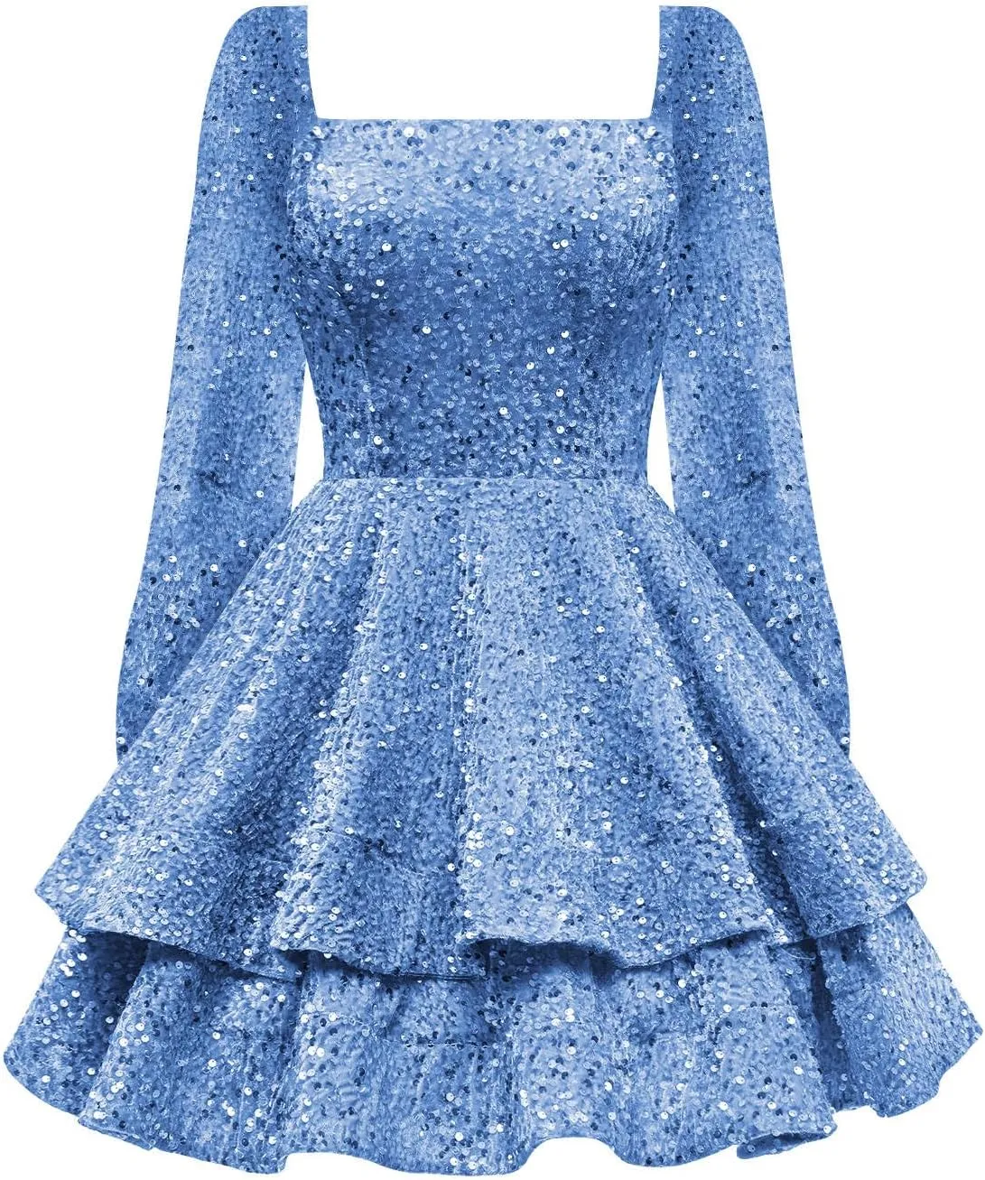 Women's Sparkly Sequin Long Sleeve Homecoming Dresses for Teens Glitter Tiered Short A-Line Formal Cocktail Prom Dress