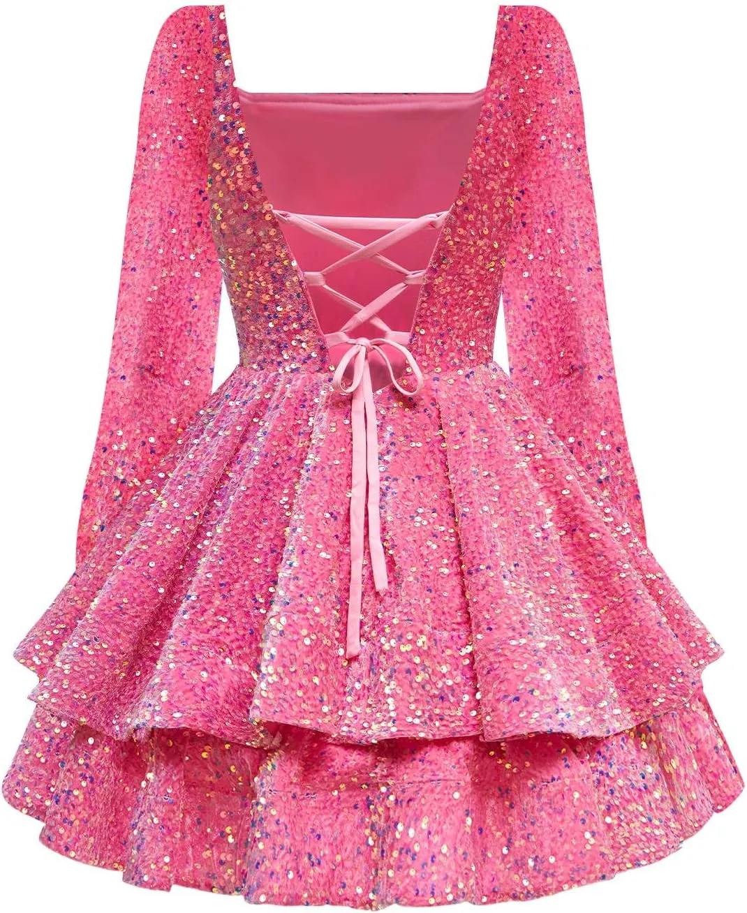 Women's Sparkly Sequin Long Sleeve Homecoming Dresses for Teens Glitter Tiered Short A-Line Formal Cocktail Prom Dress