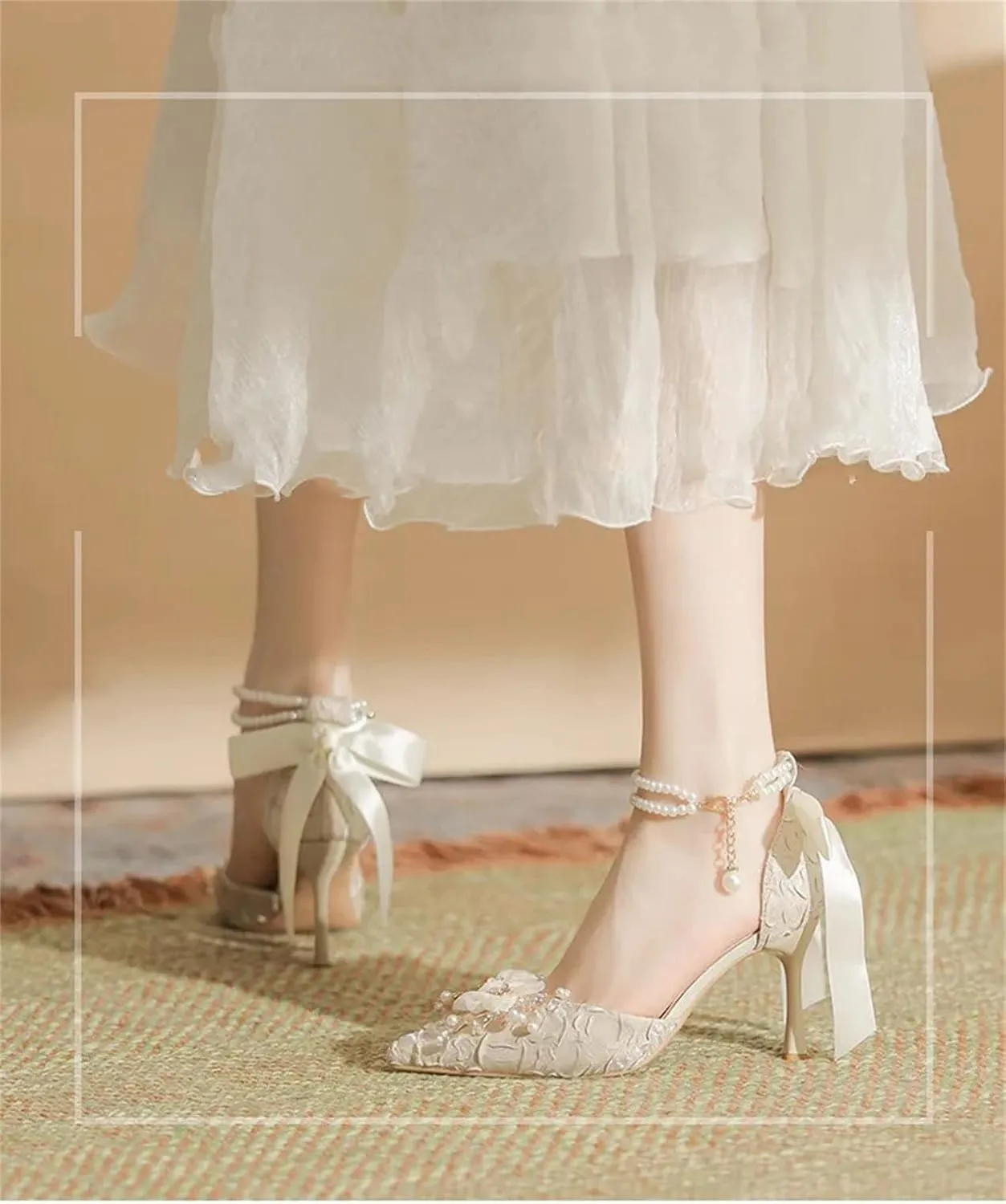 Women's Spring Summer Bridal Wedding Shoes, Pearl Buckle Sandals Bowknot Exquisite Flower Single Heels