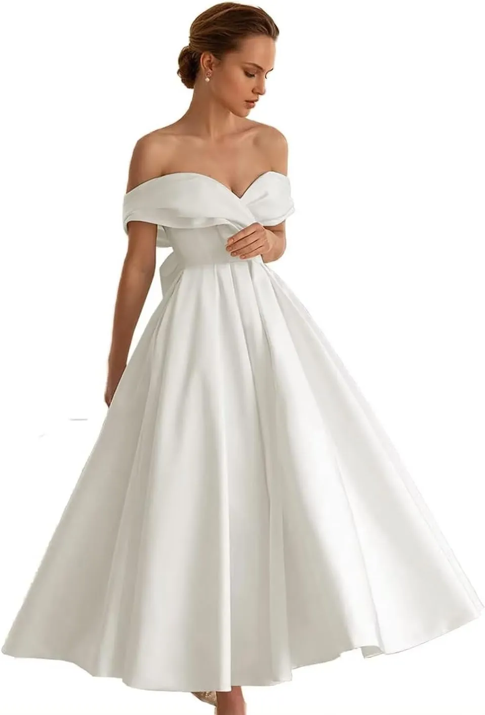 Women's Tea Length Wedding Dress for Bride Simple A Line Midi Courthouse Wedding Dresses