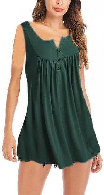Women's V Neck Button Down Pleated Dresses, Summer Solid Color Loose Casual Mini Dress, Relaxed Stylish Sundress