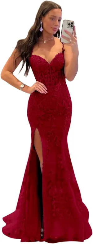 Women's V Neck Lace Appliques Tulle Long Prom Dresses with Slit Spaghetti Straps Corset Formal Evening Dress