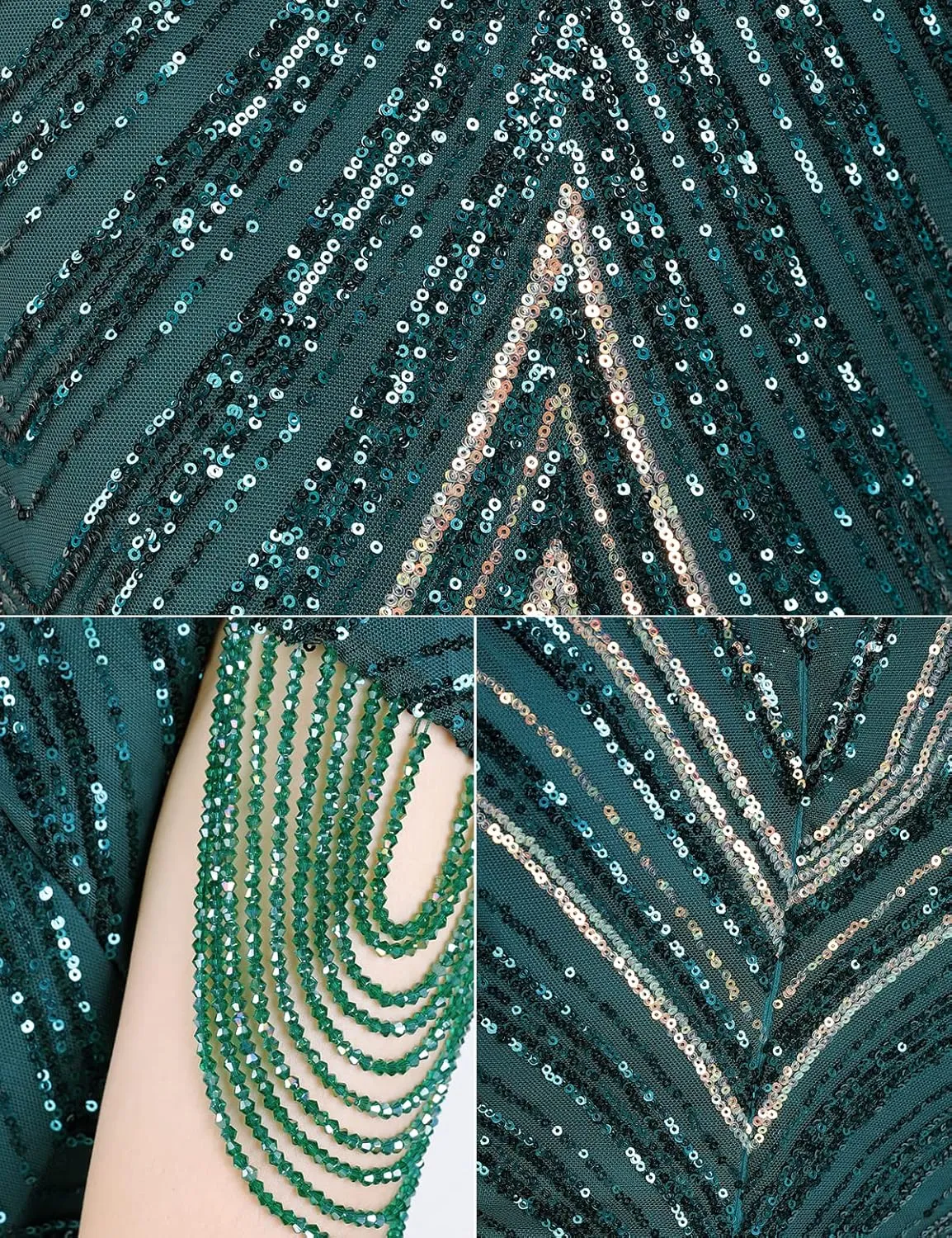 Women's V Neck Sequin Formal Evening Dress Tassel Bead Sleeve Mermaid Long Gown 1920S Party Maxi Military Dress