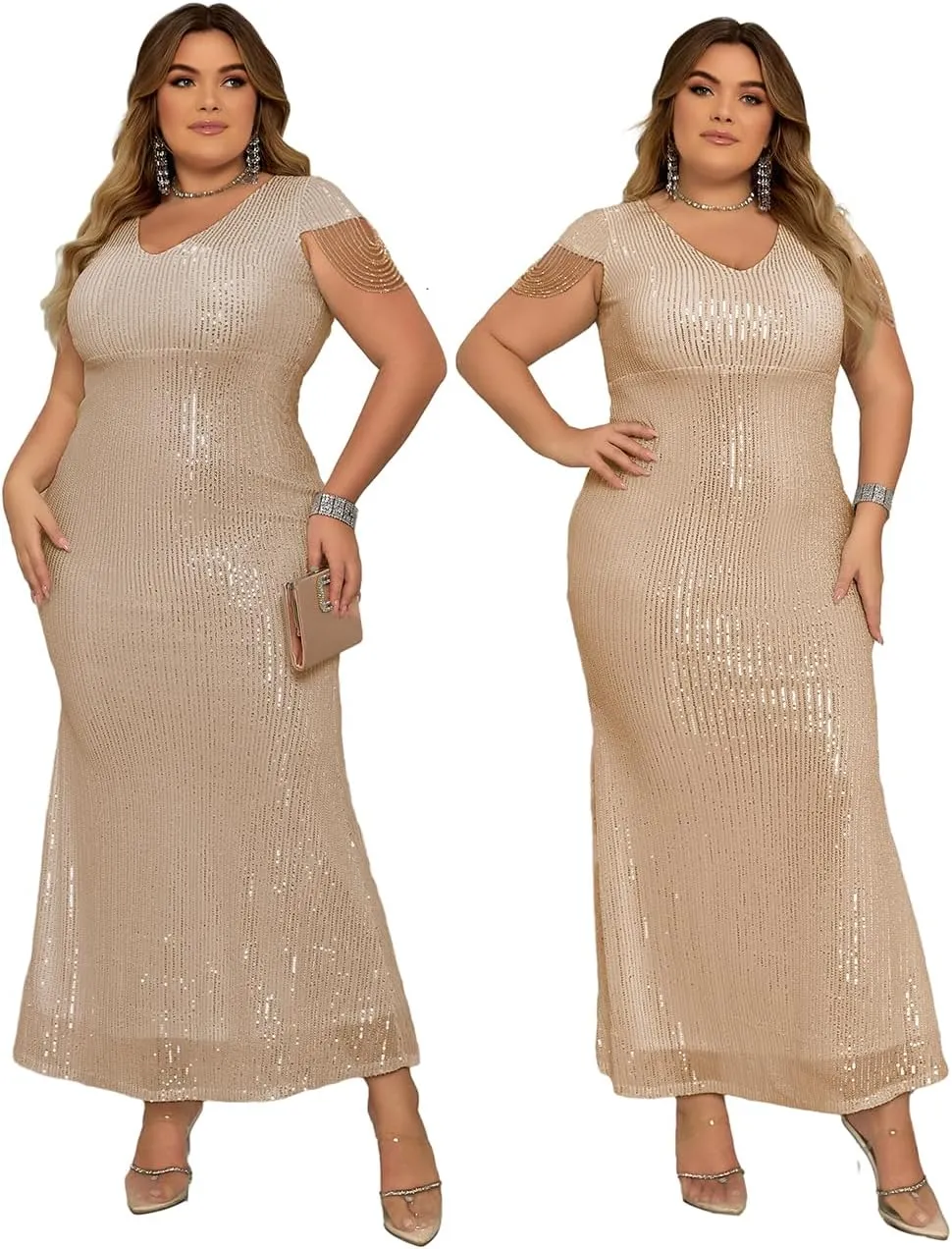 Women's V Neck Sequin Formal Evening Dress Tassel Bead Sleeve Mermaid Long Gown 1920S Party Maxi Military Dress