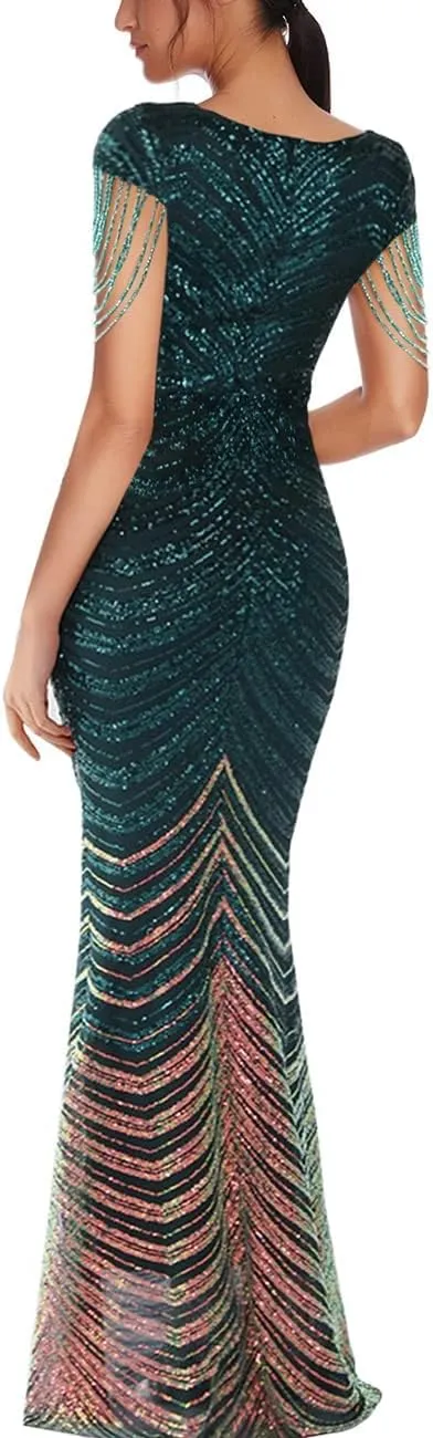 Women's V Neck Sequin Formal Evening Dress Tassel Bead Sleeve Mermaid Long Gown 1920S Party Maxi Military Dress
