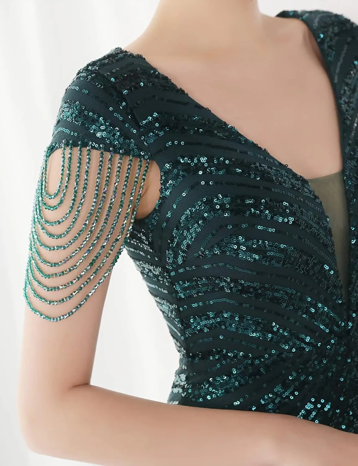 Women's V Neck Sequin Formal Evening Dress Tassel Bead Sleeve Mermaid Long Gown 1920S Party Maxi Military Dress