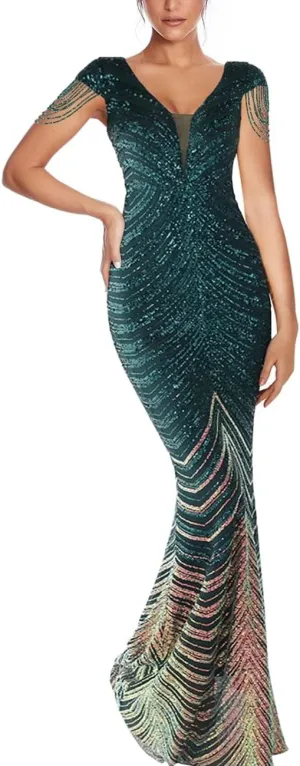 Women's V Neck Sequin Formal Evening Dress Tassel Bead Sleeve Mermaid Long Gown 1920S Party Maxi Military Dress