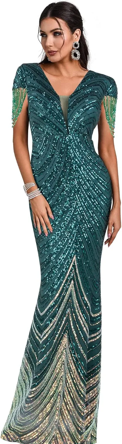 Women's V Neck Sequin Formal Evening Dress Tassel Bead Sleeve Mermaid Long Gown 1920S Party Maxi Military Dress