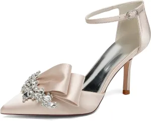 Women's Wedding Shoes for Bride High Heels Pointed Toe Rhinestone Shoes Satin Heels Prom Party Dress Ankle Buckle Sandals