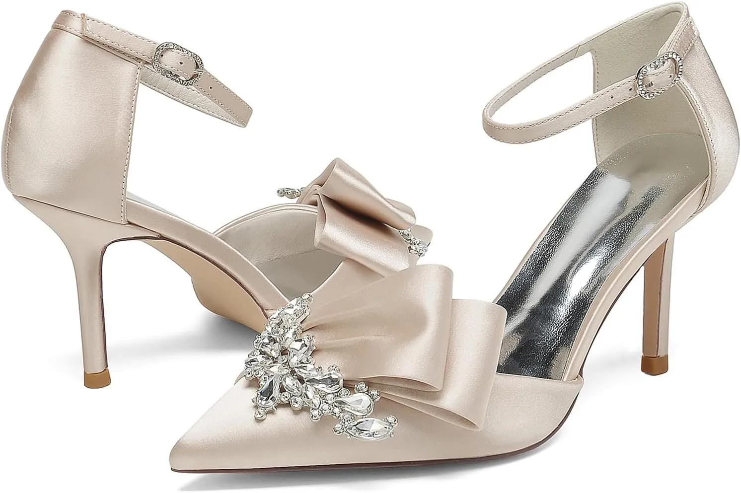 Women's Wedding Shoes for Bride High Heels Pointed Toe Rhinestone Shoes Satin Heels Prom Party Dress Ankle Buckle Sandals