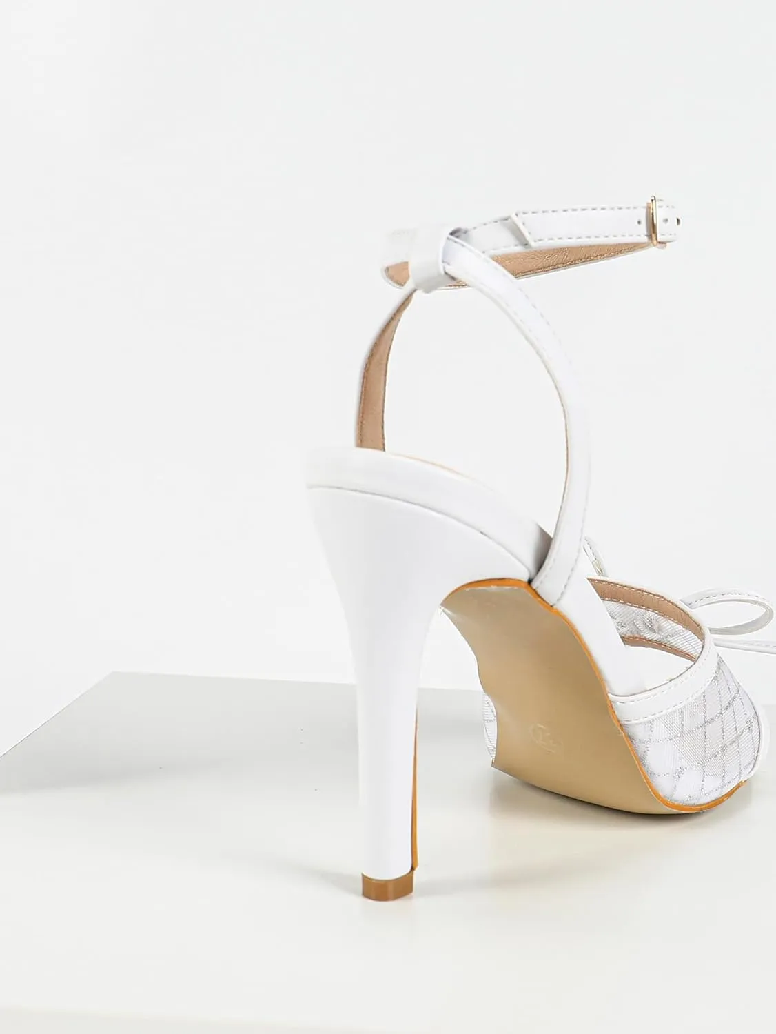 Women's White Leather High Heel Sandals – Mesh Panel Pointed-Toe Pumps – Adjustable Ankle Strap with Bow Accents (Sizes 6-10.5)