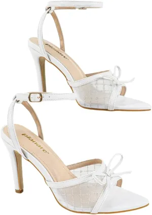 Women's White Leather High Heel Sandals – Mesh Panel Pointed-Toe Pumps – Adjustable Ankle Strap with Bow Accents (Sizes 6-10.5)