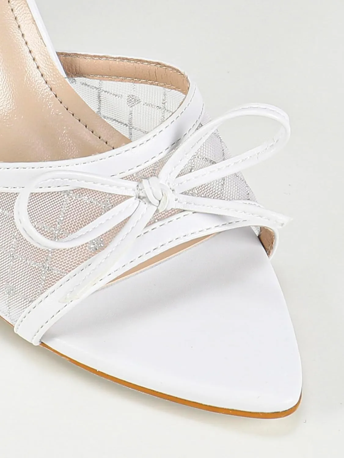 Women's White Leather High Heel Sandals – Mesh Panel Pointed-Toe Pumps – Adjustable Ankle Strap with Bow Accents (Sizes 6-10.5)
