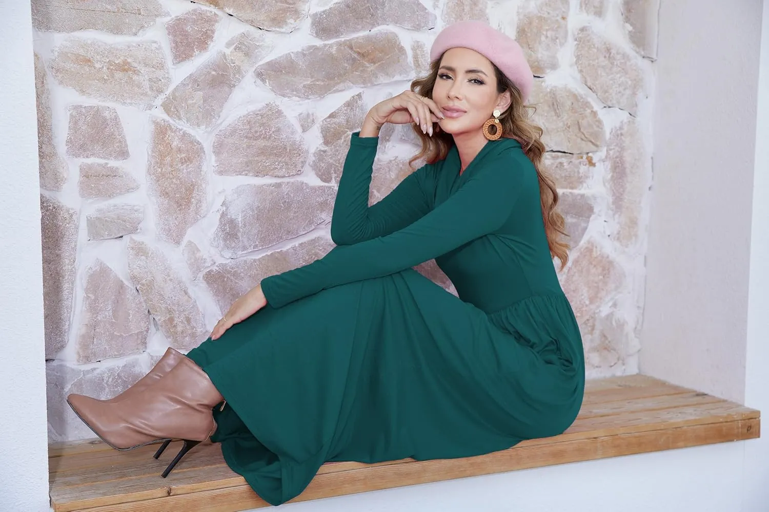 Women's Winter Long Sleeve Casual Maxi Dress Cowl Neck Empire Waist Plain Loose Long Dress with Pockets