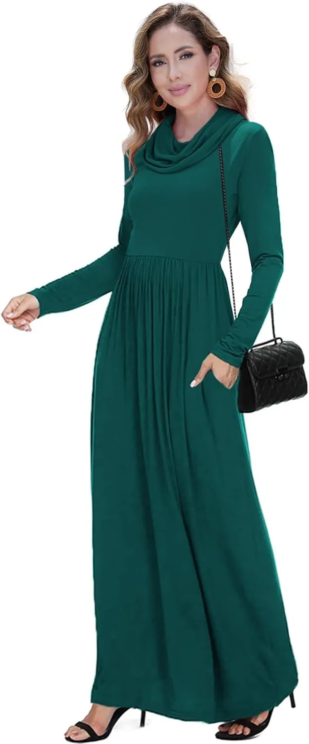 Women's Winter Long Sleeve Casual Maxi Dress Cowl Neck Empire Waist Plain Loose Long Dress with Pockets