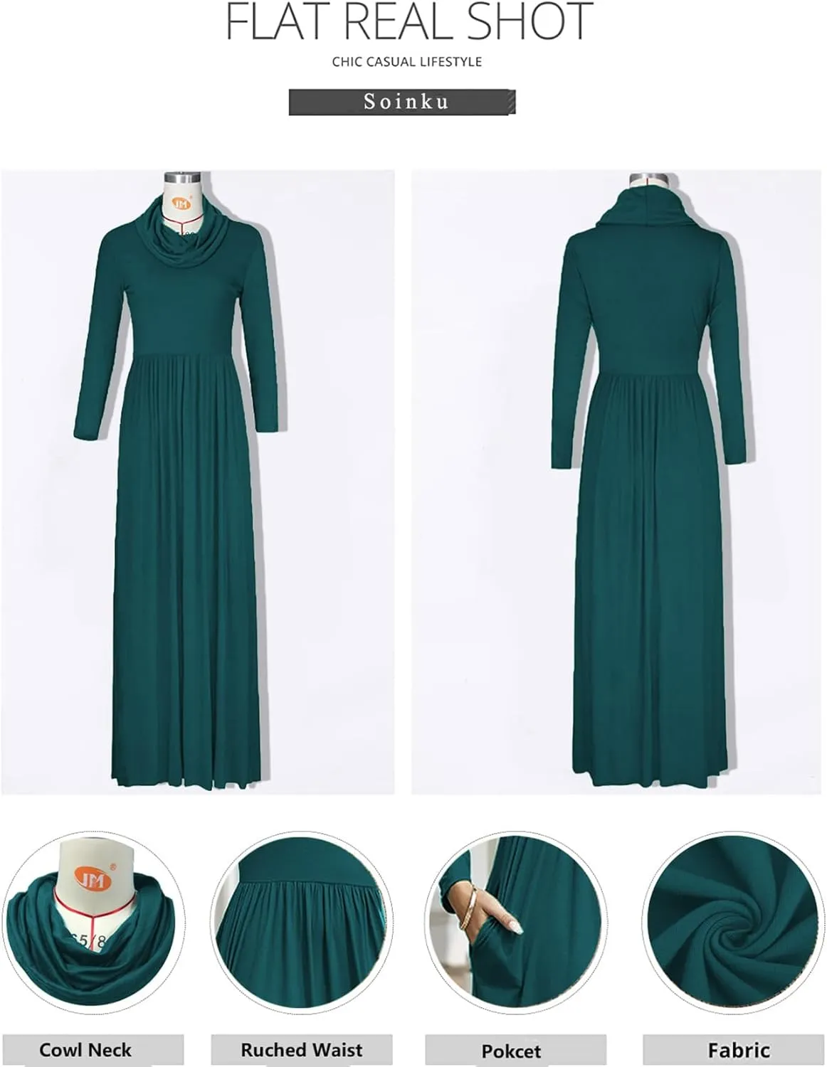 Women's Winter Long Sleeve Casual Maxi Dress Cowl Neck Empire Waist Plain Loose Long Dress with Pockets