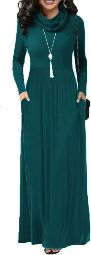 Women's Winter Long Sleeve Casual Maxi Dress Cowl Neck Empire Waist Plain Loose Long Dress with Pockets