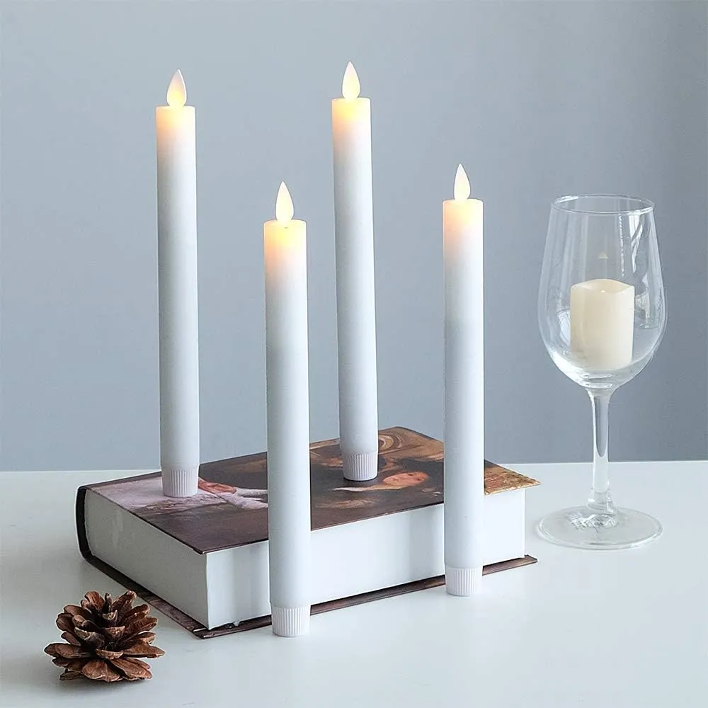 Wondise Flameless Taper Candles with Remote, Battery Operated LED Real Wax White Candles, for Holiday Home Decoration, Set of 4(D0.78 x H9.5 Inch)