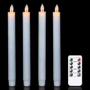 Wondise Flameless Taper Candles with Remote, Battery Operated LED Real Wax White Candles, for Holiday Home Decoration, Set of 4(D0.78 x H9.5 Inch)