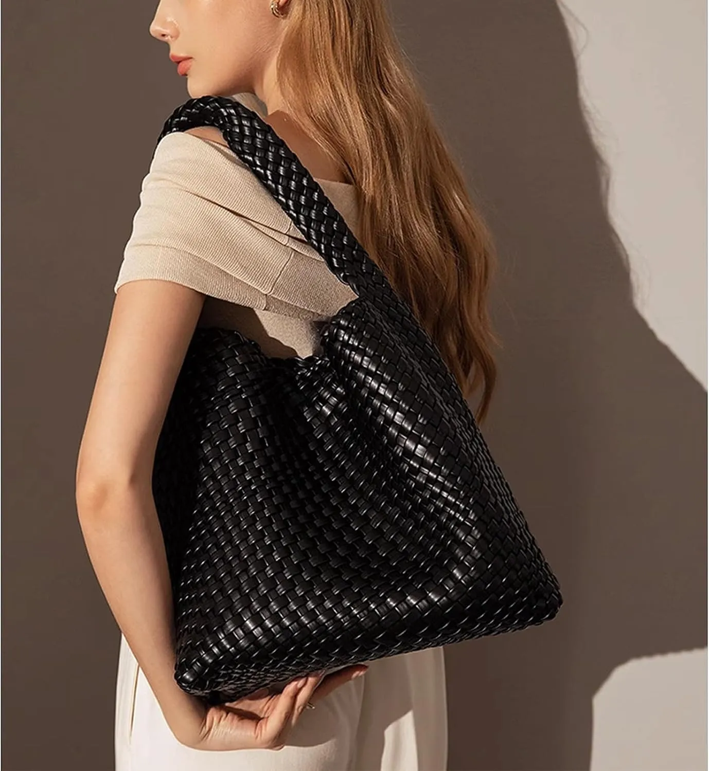 Woven Tote Bag For Women,Vegan Leather Hand Woven Handbags And Purse,Shoulder Bag Top-Handle Bag All-Match Underarm Bag