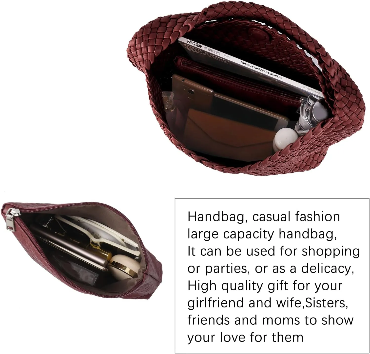 Woven Tote Bag For Women,Vegan Leather Hand Woven Handbags And Purse,Shoulder Bag Top-Handle Bag All-Match Underarm Bag