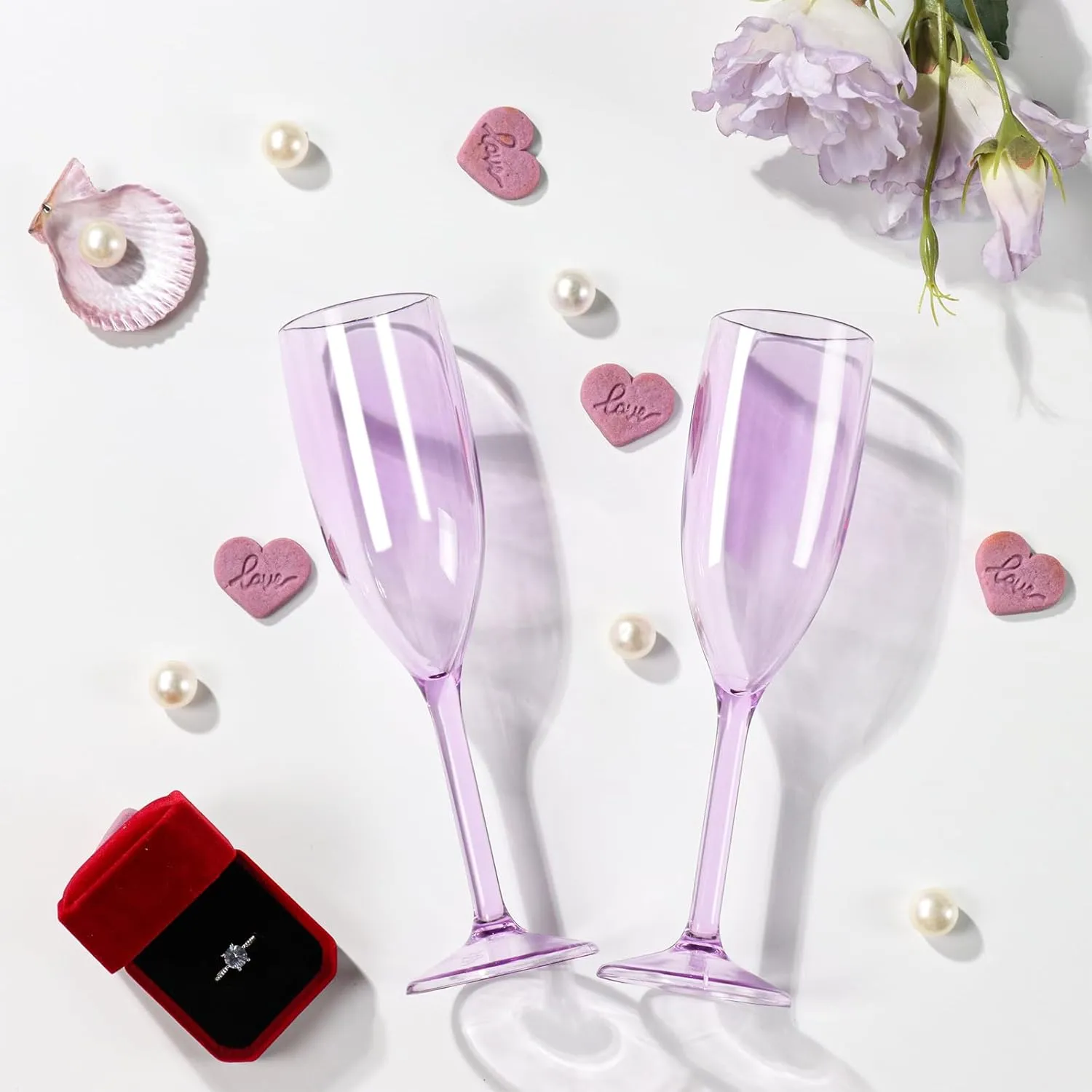 XUWAIDSGN 24 Pcs Champagne Flutes Plastic Wine Glasses Bulk Vintage Champagne Flutes Mimosa Bar Glasses Stemmed Drinking Cups 5.4OZ for Christmas Birthday Wedding Bride (24, Clear purple)