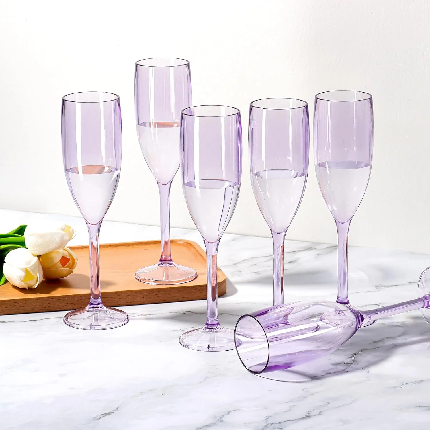 XUWAIDSGN 24 Pcs Champagne Flutes Plastic Wine Glasses Bulk Vintage Champagne Flutes Mimosa Bar Glasses Stemmed Drinking Cups 5.4OZ for Christmas Birthday Wedding Bride (24, Clear purple)