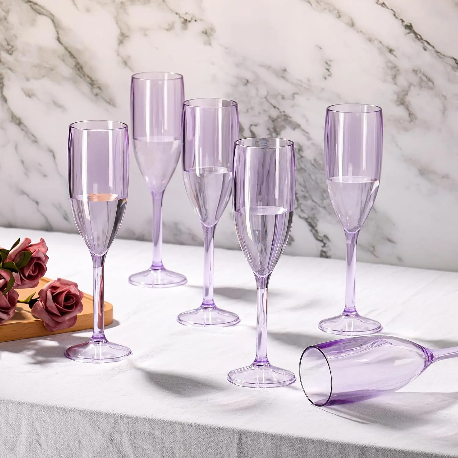 XUWAIDSGN 24 Pcs Champagne Flutes Plastic Wine Glasses Bulk Vintage Champagne Flutes Mimosa Bar Glasses Stemmed Drinking Cups 5.4OZ for Christmas Birthday Wedding Bride (24, Clear purple)