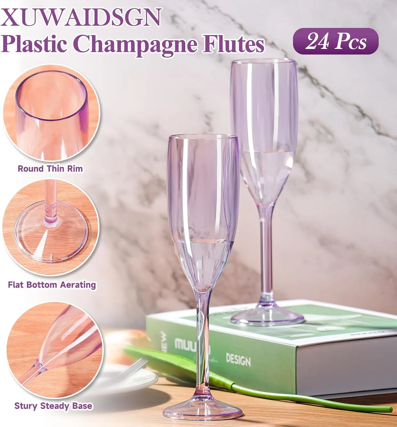 XUWAIDSGN 24 Pcs Champagne Flutes Plastic Wine Glasses Bulk Vintage Champagne Flutes Mimosa Bar Glasses Stemmed Drinking Cups 5.4OZ for Christmas Birthday Wedding Bride (24, Clear purple)