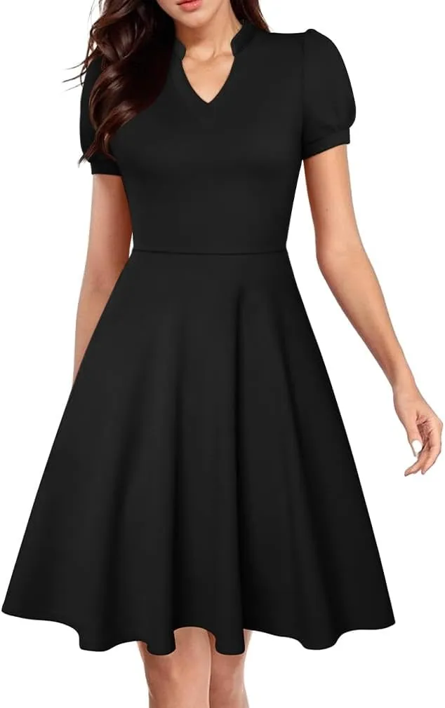 XXTAXN Womens Sexy Short Sleeve V Neck High Waist Cocktail A Line Midi Swing Dress