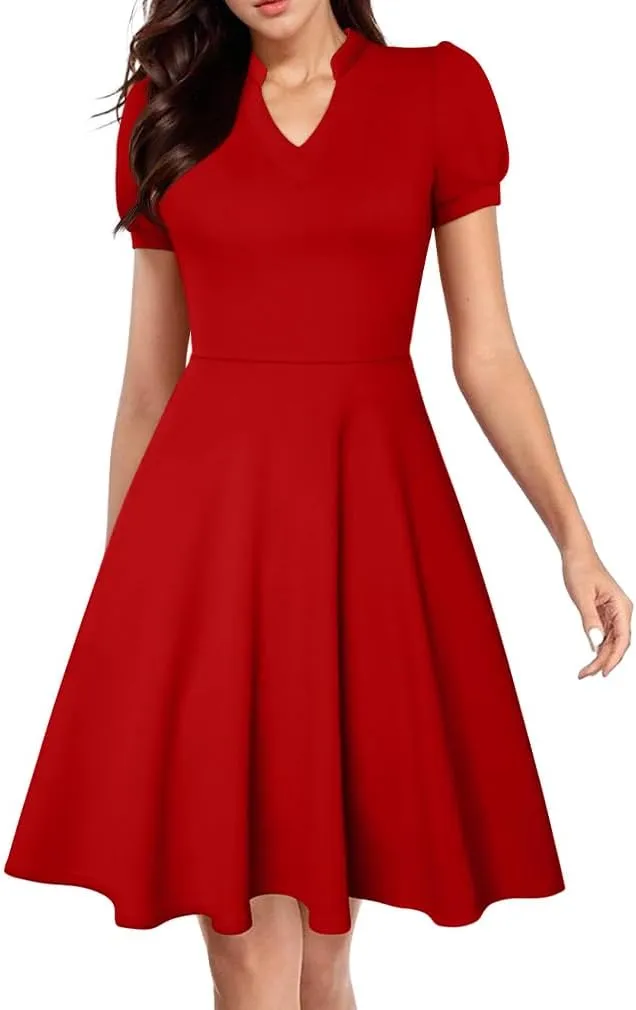 XXTAXN Womens Sexy Short Sleeve V Neck High Waist Cocktail A Line Midi Swing Dress