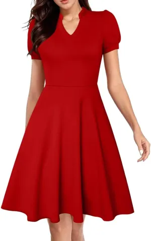 XXTAXN Womens Sexy Short Sleeve V Neck High Waist Cocktail A Line Midi Swing Dress