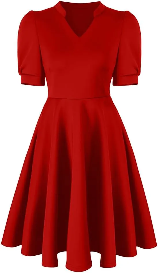 XXTAXN Womens Sexy Short Sleeve V Neck High Waist Cocktail A Line Midi Swing Dress