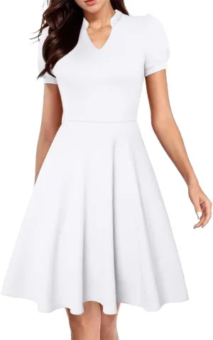 XXTAXN Womens Sexy Short Sleeve V Neck High Waist Cocktail A Line Midi Swing Dress