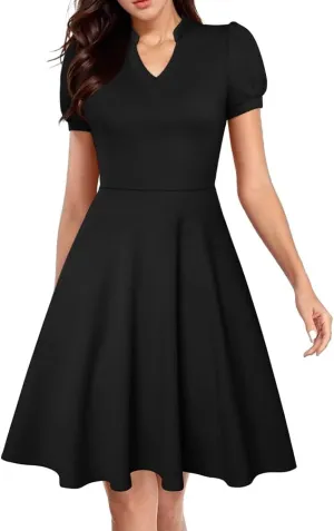 XXTAXN Womens Sexy Short Sleeve V Neck High Waist Cocktail A Line Midi Swing Dress