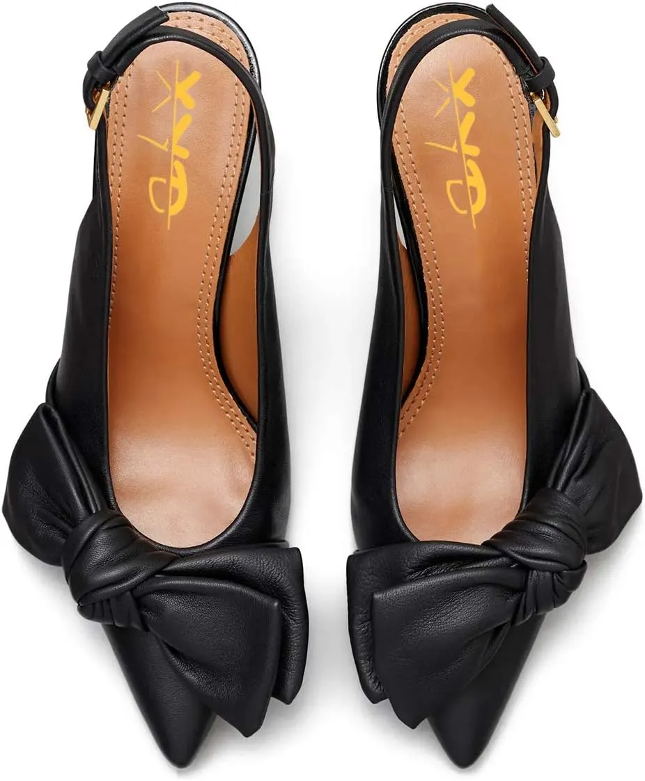 XYD Women Fashion Cute Slingback Pumps Low Kitten Heels Closed Pointed Toe Bow Knot Buckle Ankle Strap Slip On Party Dress Dating Shoes