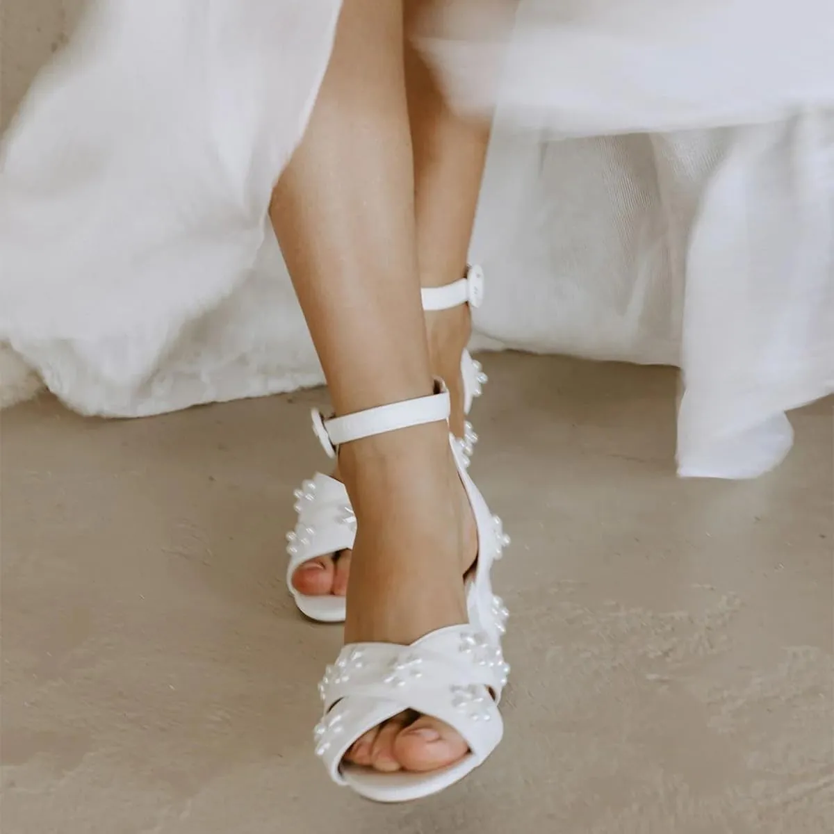 XYD Women Graceful Bloom Pearl Flower Bridal Sandals Ankle Strap Open Toe Chunky Low Heels Romantic Shoes