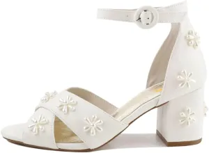 XYD Women Graceful Bloom Pearl Flower Bridal Sandals Ankle Strap Open Toe Chunky Low Heels Romantic Shoes