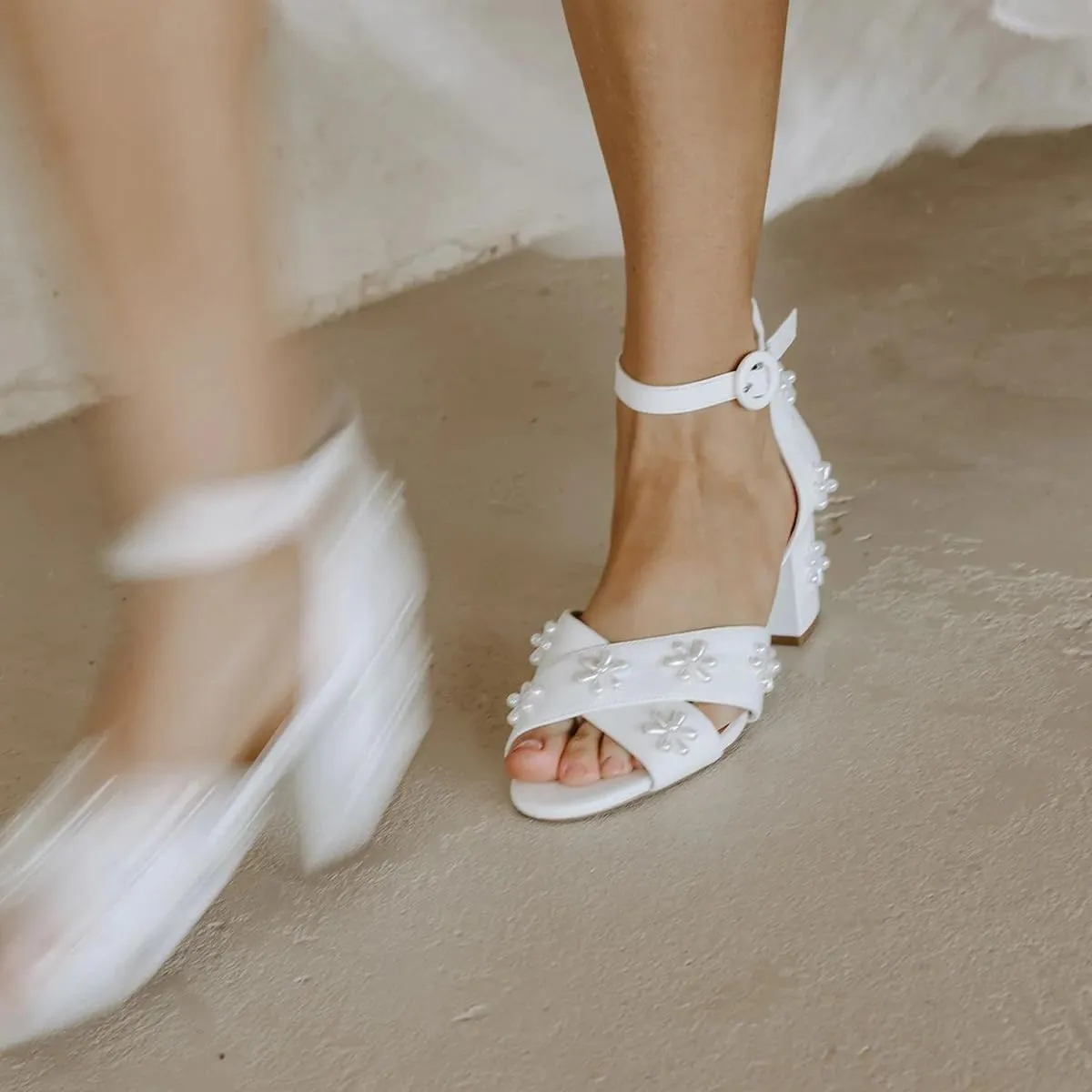 XYD Women Graceful Bloom Pearl Flower Bridal Sandals Ankle Strap Open Toe Chunky Low Heels Romantic Shoes