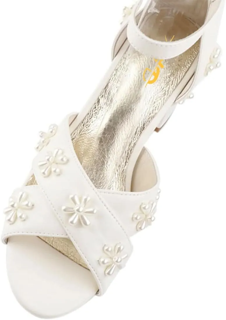XYD Women Graceful Bloom Pearl Flower Bridal Sandals Ankle Strap Open Toe Chunky Low Heels Romantic Shoes