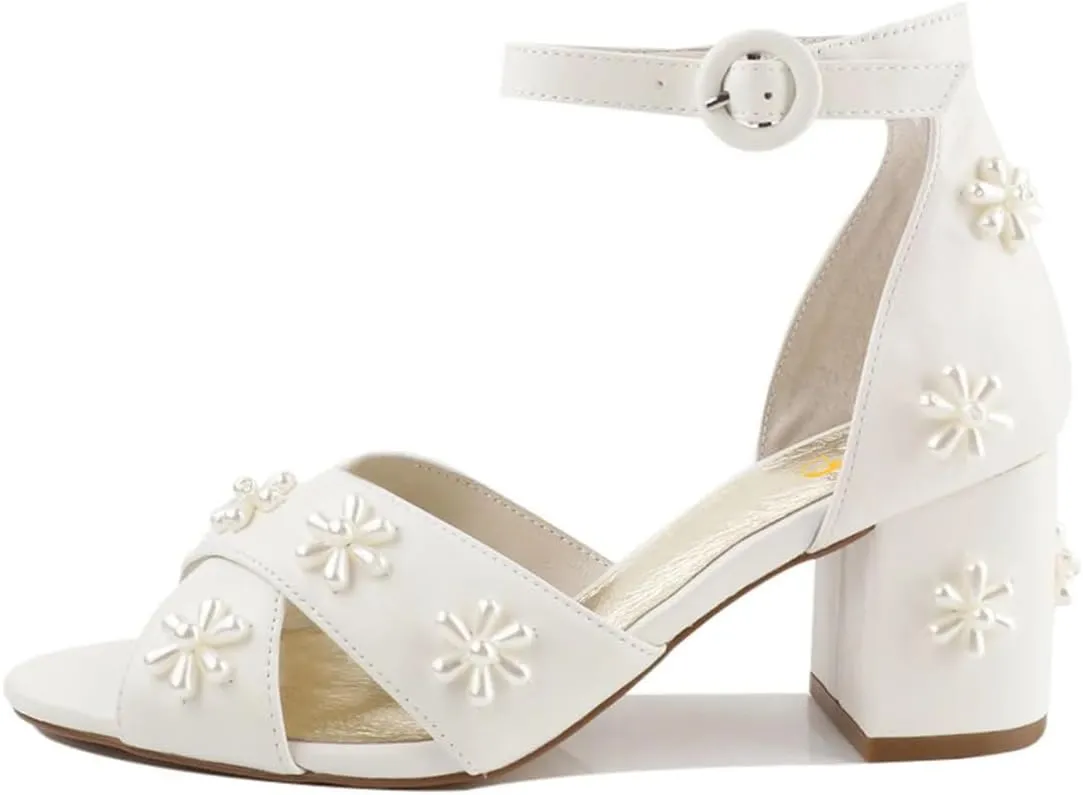 XYD Women Graceful Bloom Pearl Flower Bridal Sandals Ankle Strap Open Toe Chunky Low Heels Romantic Shoes