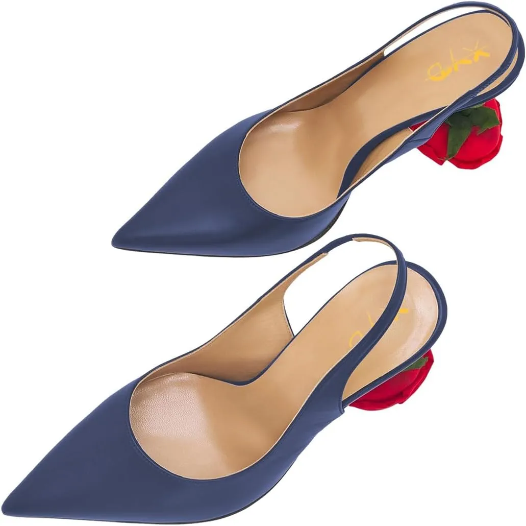 XYD Women's Romantic Rose Heel (80mm) Closed Pointed Toe Slingbacks Pumps Sexy Lady Formal Event Evening Fashion Shoes